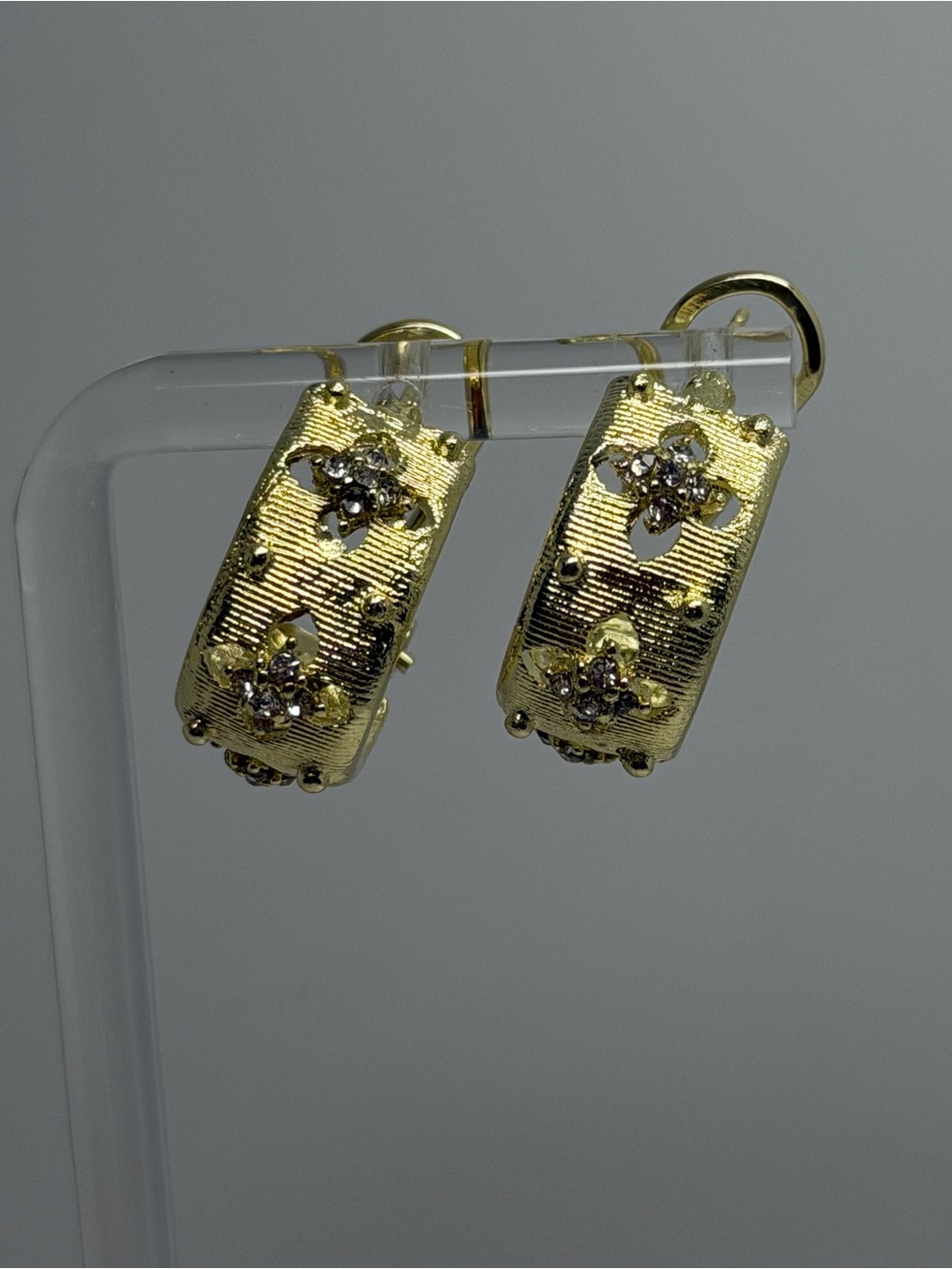 14k Yellow Gold Floral Silver needles with Elegant Huggie Earrings - For Sale!